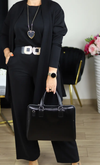 Elegantiškas Trijų Dalių Rinkinys – Ilgas Kardiganas, Viršus ir Kelnės