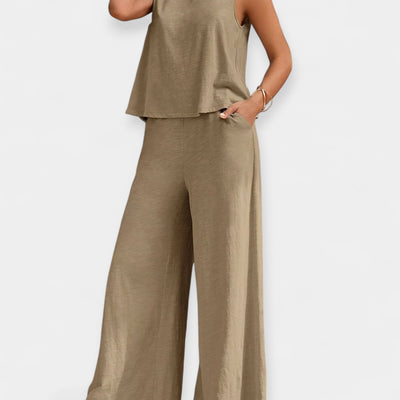 Rinkinys be rankovių viršaus ir plačių kelnių