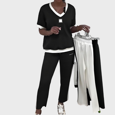 Moteriškas Neformalus Komplektas su Topu ir Kelnėmis su V Iškirpte