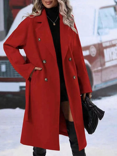 Dvigubo sagstymo paltas su diržu, ilgas, moterims.