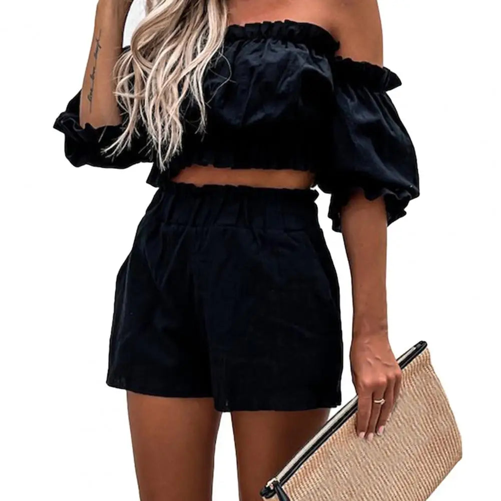 Ensemble Azur | Off-shoulder top, trumpi aukšti šortai
