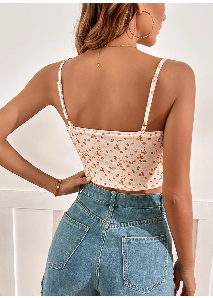 Vasaros Crop Top su Gėlių Raštu ir Reguliuojamomis Petnešomis