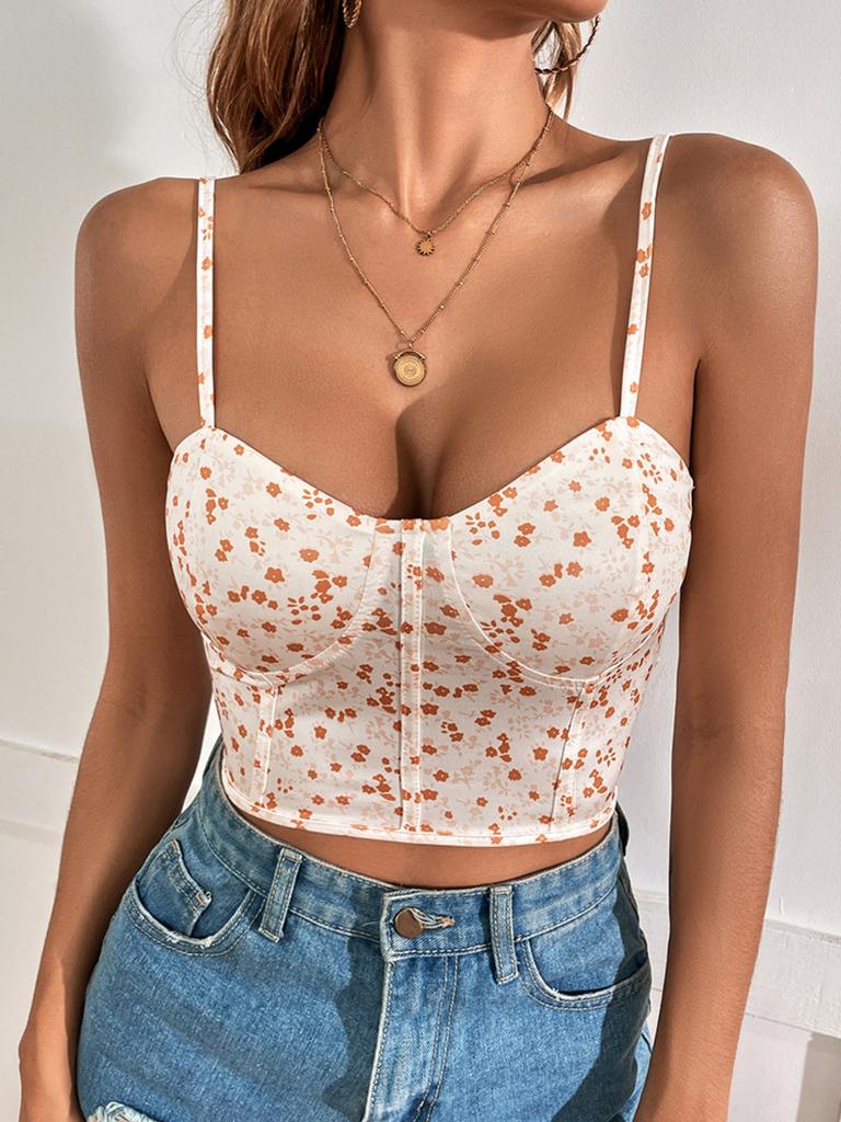 Vasaros Crop Top su Gėlių Raštu ir Reguliuojamomis Petnešomis