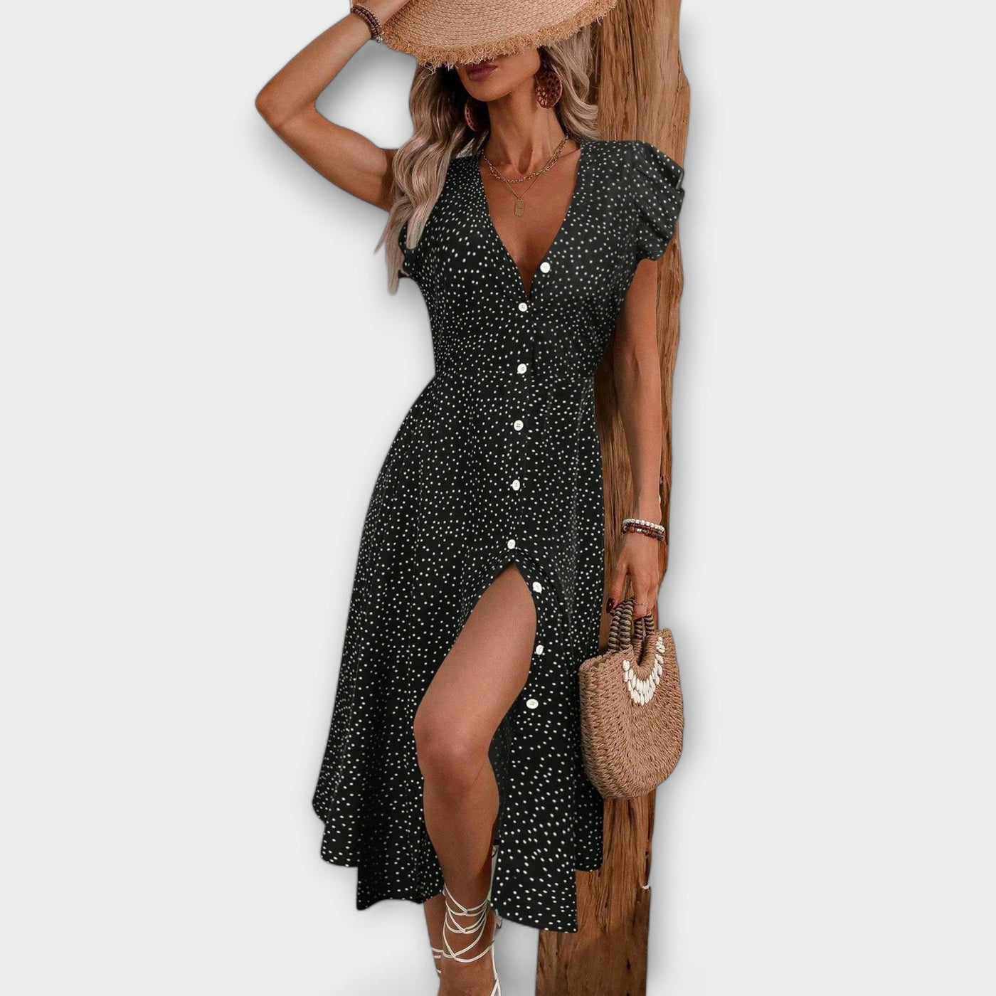 Elegantiškas midi paltas su taškeliais