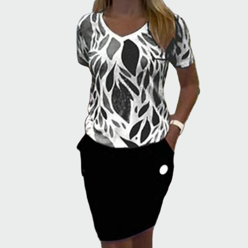 Stilingas Komplektas su Raštu ir Elegantiška Sijonu