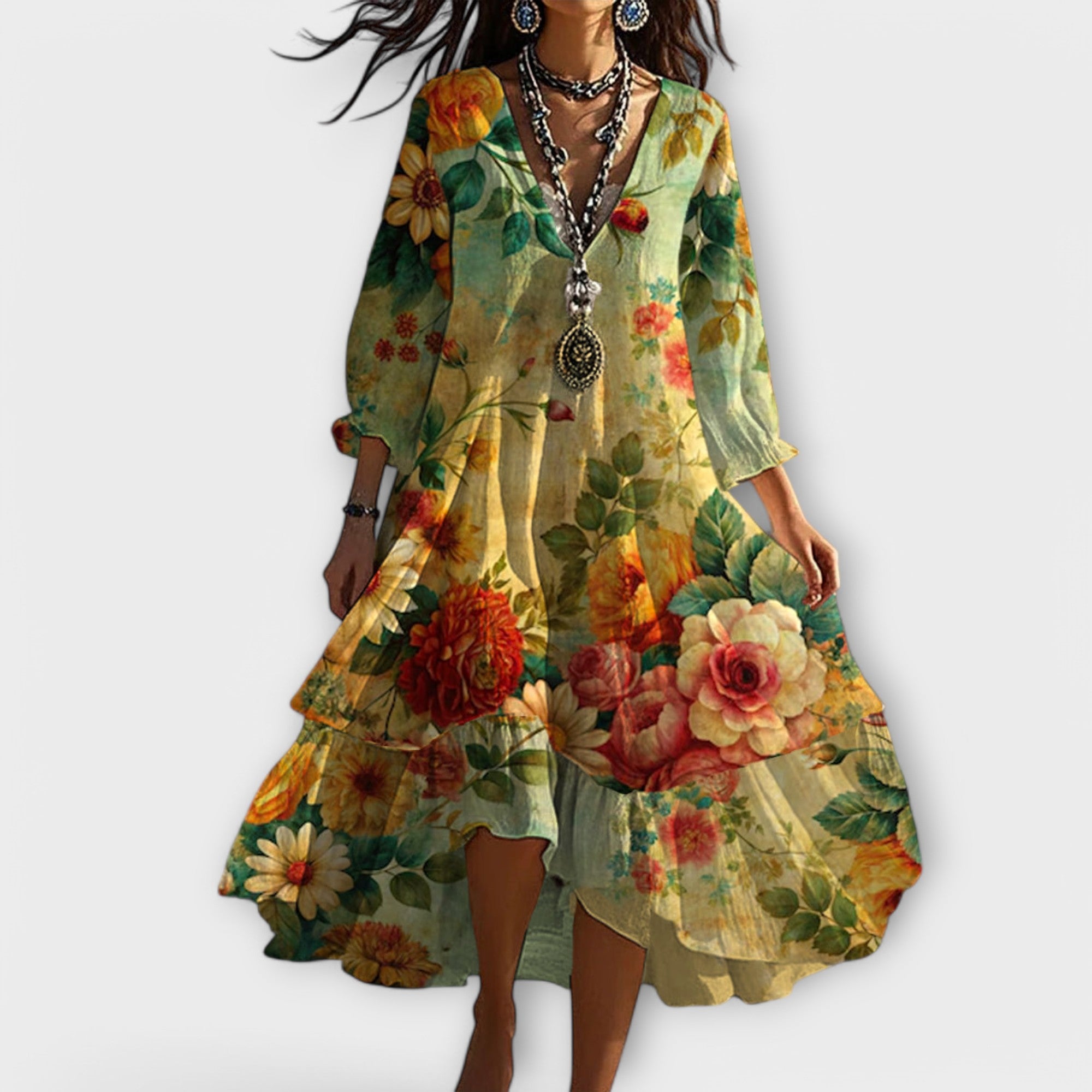 Marina - Vintage Boho Suknelė su V formos Iškirpimu