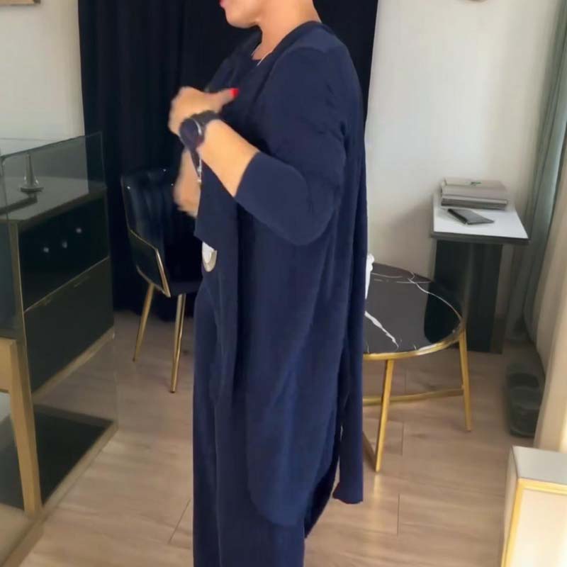 Elegantiškas Trijų Dalių Rinkinys – Ilgas Kardiganas, Viršus ir Kelnės