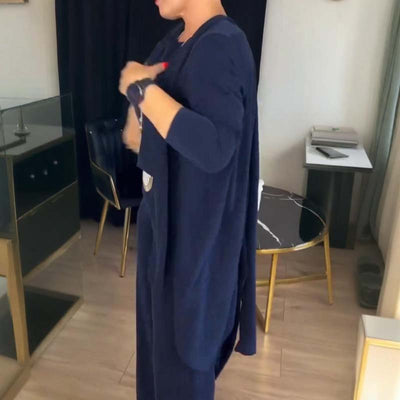 Elegantiškas Trijų Dalių Rinkinys – Ilgas Kardiganas, Viršus ir Kelnės